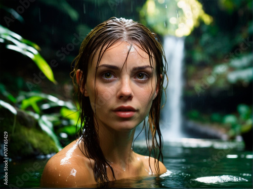 Beautiful young woman relaxing in a tropical waterfall. Selective focus.