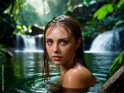 Beautiful young woman bathing in a tropical waterfall in Bali, Indonesia