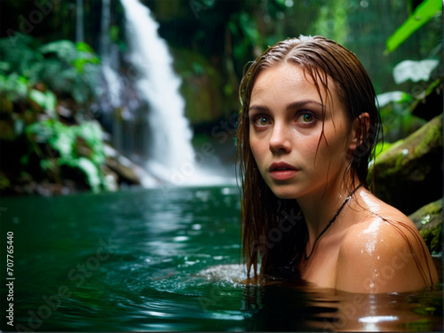 Beautiful young woman in a waterfall in Bali, Indonesia.