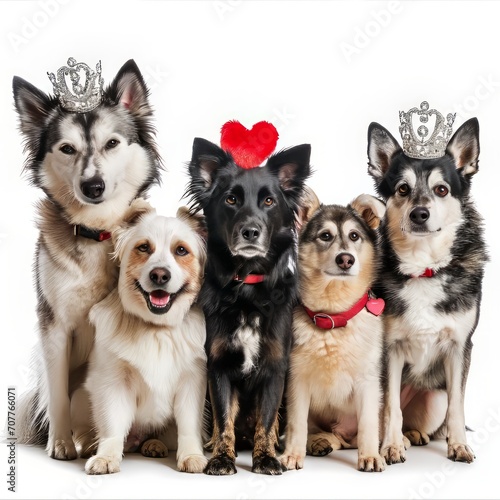 Banner five Dogs in a group celebrate Valentine s Day with puppy love  wearing a red heart-shaped diadem against an isolated white background.