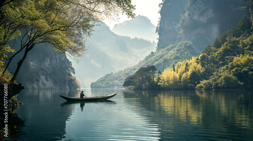 A man in a boat on a river surrounded by mountains and trees. Ai generated.