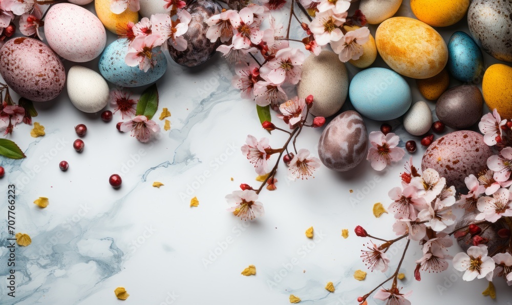Easter banner in pastel colors with eggs, flowers and empty space generated AI Easter banner in pastel colors with eggs, flowers and empty space generated AI