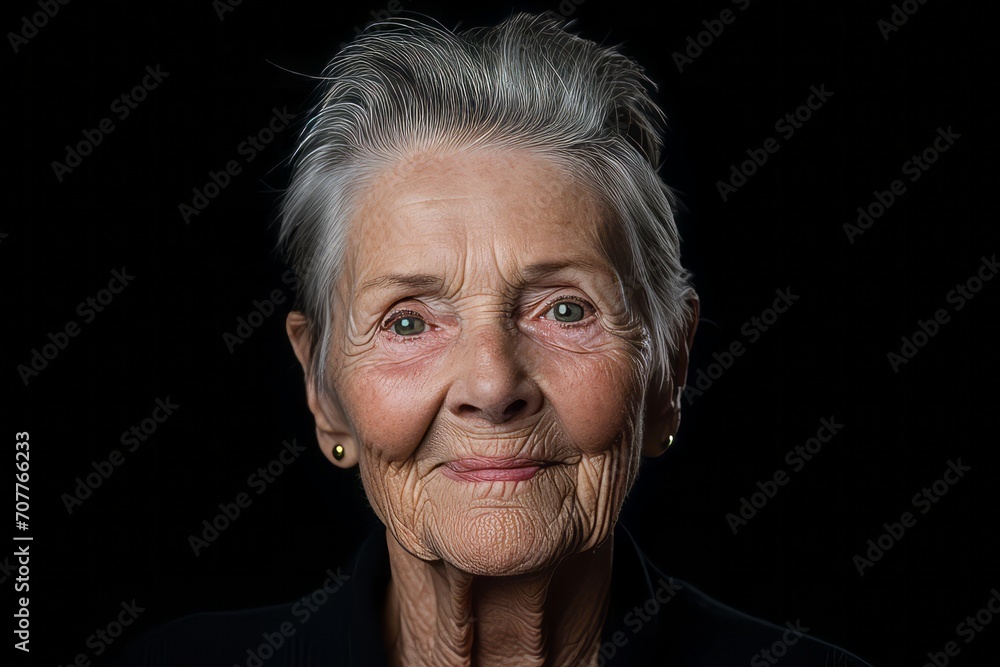 Portrait of an elderly woman on a black background. Close-up. Portrait of an elderly woman on a black background. Close-up.