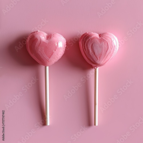 Valentine's Day is sweetly represented with two pink heart-shaped lollipop candies on an empty pastel pink paper background.