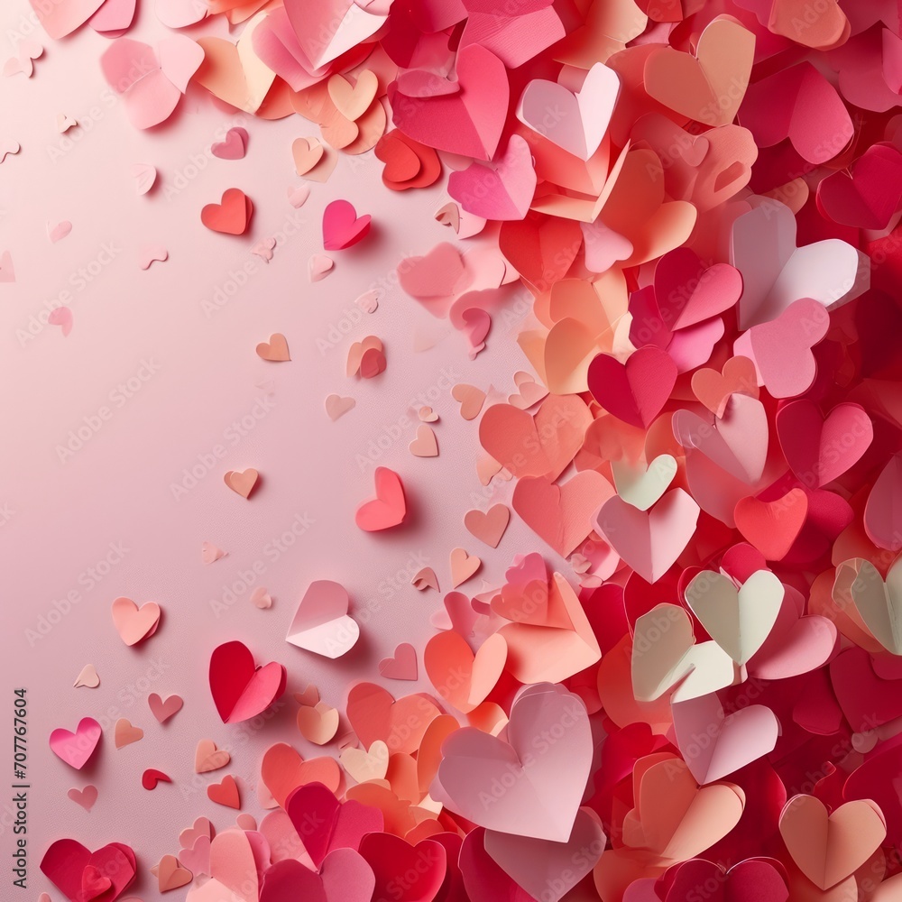 A Valentine's Day background featuring numerous paper hearts on a soft pink backdrop.