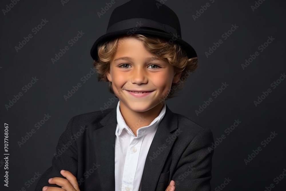 Portrait of a cute little boy in a black suit and hat Portrait of a cute little boy in a black suit and hat