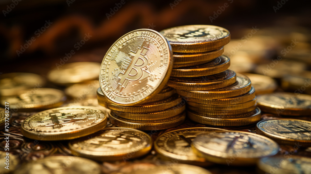 piles of golden bitcoins. concept of investing in cryptocurrency piles of golden bitcoins. concept of investing in cryptocurrency
