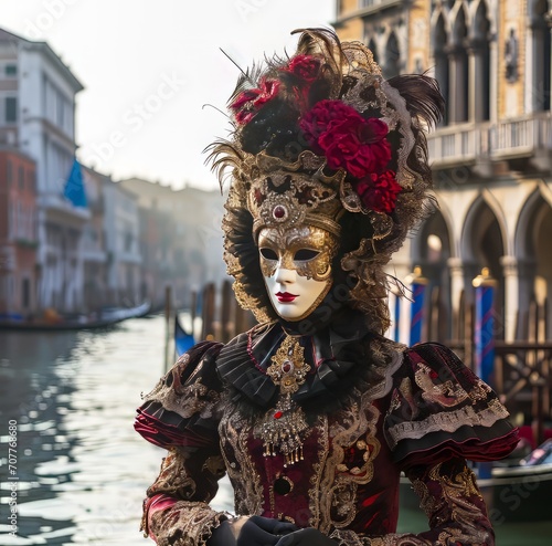 The ambiance of the Venice Carnival with photos framed by a charming canal, historic bridge, or an ornate Venetian backdrop, providing depth and context. © Artur