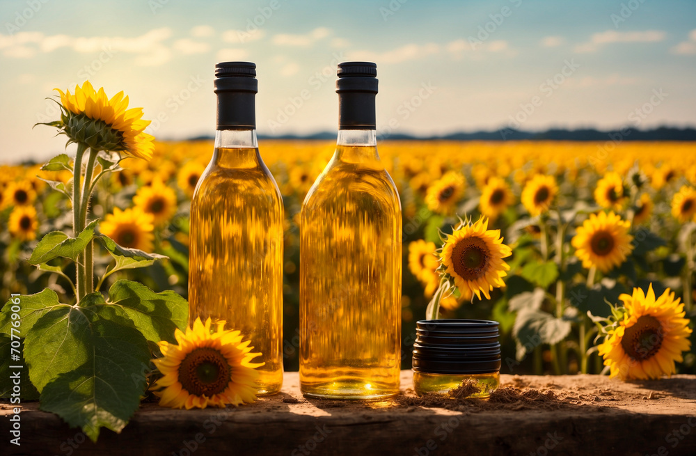 Bottle of olia on the background of sunflowers Bottle of olia on the background of sunflowers