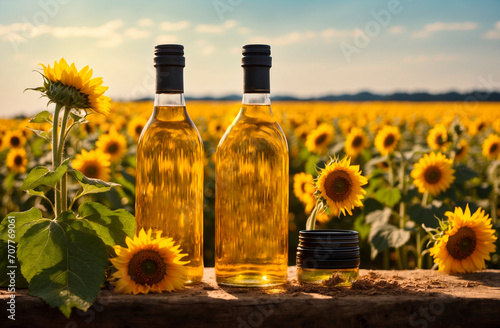 Bottle of olia on the background of sunflowers