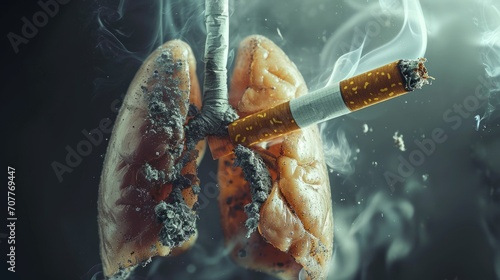 Aftermath of smoking – ruined lungs struggle for breath, trapped in the destructive embrace of cigarettes. photo