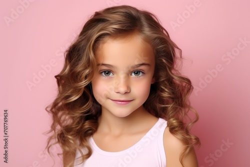 Cute little girl with long curly hair on a pink background.