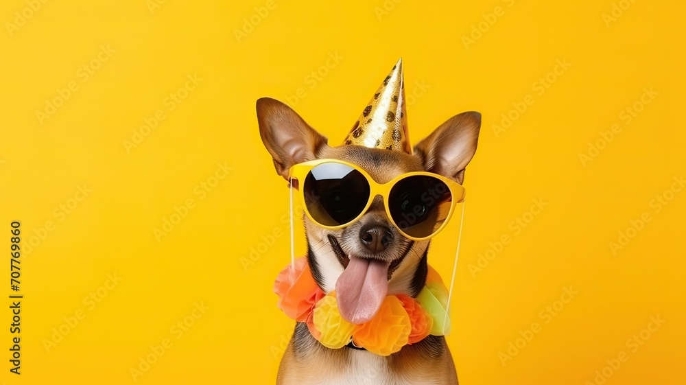 Funny chihuahua in costume for birthday party on yellow background. AI generated.