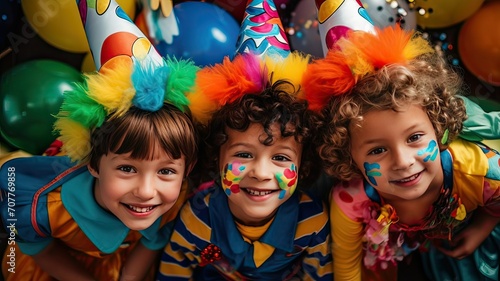 Three children in costume celebrating carnival together. Generative AI