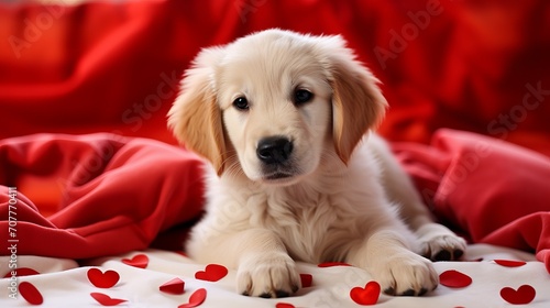 A charming golden retriever puppy is lying on the bed on a red blanket with little hearts. Valentines Day greeting card with a dog.