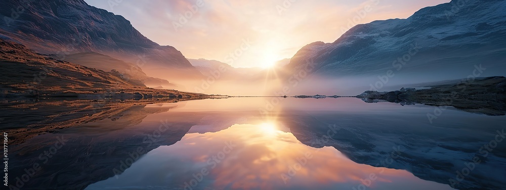 A beautiful scenery mountain landscape and colorful reflections shimmering on the lake generated by ai - obrazy, fototapety, plakaty 