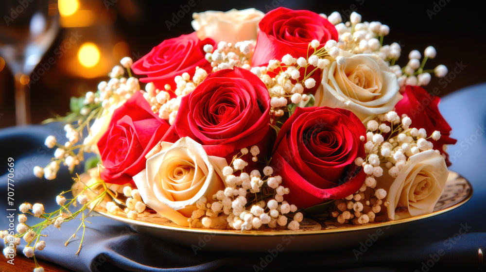Elegant Bouquet of Red and Cream Roses with Baby's Breath. Generative AI. Elegant Bouquet of Red and Cream Roses with Baby's Breath. Generative AI.