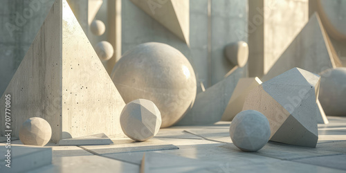 Abstract 3D Composition of stone Geometric Shapes. High-detail 3D render, modern abstract design. Background for 3d modeling lessons from simple geometric shapes. photo