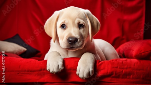 Charming cute puppy labrador retriever is lying on red bed and resting. Valentines Day greeting card with a dog. © Nikolai