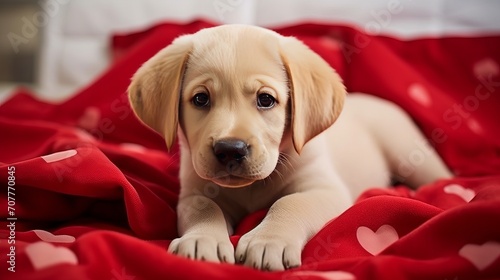 Charming cute puppy labrador retriever is lying on red bed with small hearts and resting. Valentines Day greeting card with a dog.
