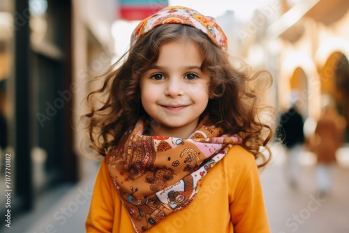 Portrait of a beautiful little girl with curly hair in a colorful bandana.