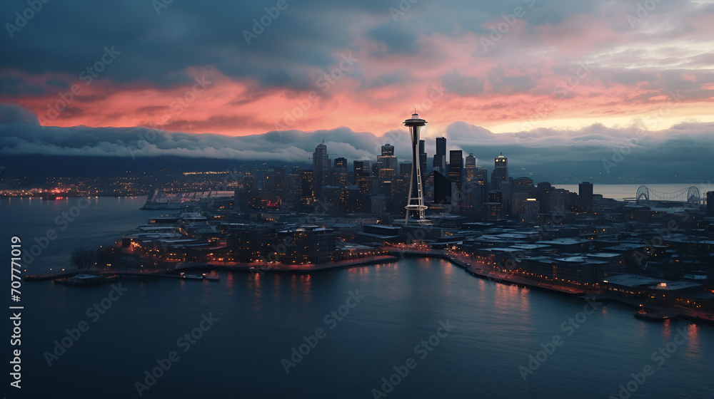 a sweeping aerial view of seattle skyline in december