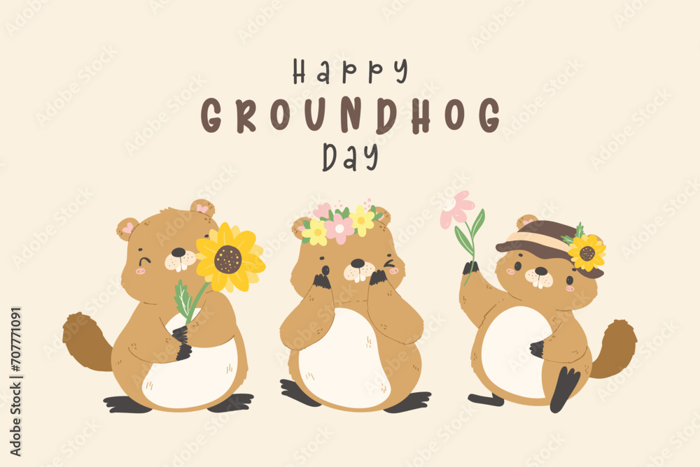 Happy groundhog day with group of cheerful cartoon groundhogs celebrating early spring banner. Happy groundhog day with group of cheerful cartoon groundhogs celebrating early spring banner.