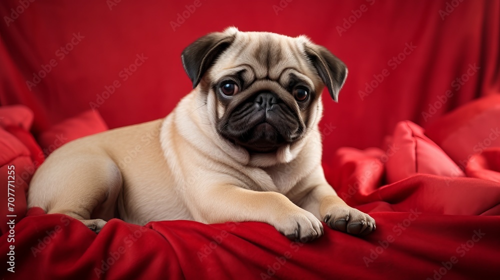 A charming cute pug puppy is lying on the bed on a red blanket. Valentines Day greeting card with a dog.