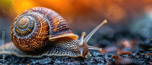 Close up Snail Muller gliding on nature background. Large white mollusk snails with brown striped shell, crawling on vegetables. Helix pomatia, Land, Burgundy, Roman, escargot. © petrrgoskov