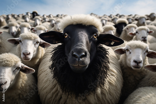 Primer plano de oveja negra entre un rebaño de ovejas blancas. Concepto de destacar por ser diferente, único, sin seguir las normas del grupo. 
