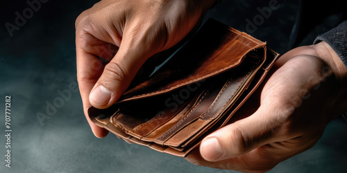 Empty Wallet in Hands - Financial Concept. Close-up of empty brown leather wallet held open by hands, conveying concepts of financial loss or poverty. Copy space.