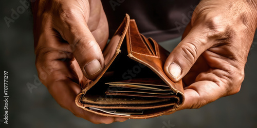 Empty Wallet in Hands - Financial Concept. Close-up of empty brown leather wallet held open by hands, conveying concepts of financial loss or poverty. Text space.