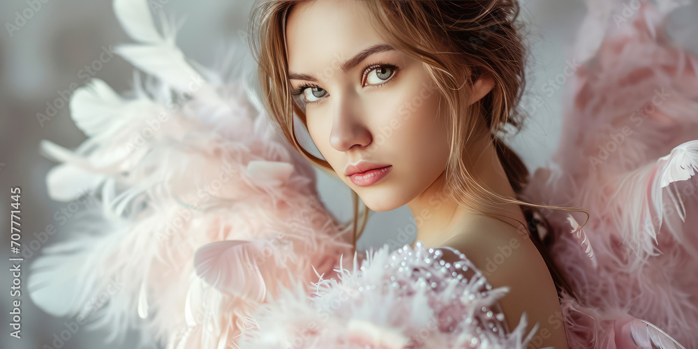 Ethereal Beauty face Surrounded by Soft Pink Feathers. Portrait of a serene young woman adorned in a delicate pink dress with soft pink feathers. Fashion design, tenderness. Ethereal Beauty face Surrounded by Soft Pink Feathers. Portrait of a serene young woman adorned in a delicate pink dress with soft pink feathers. Fashion design, tenderness.