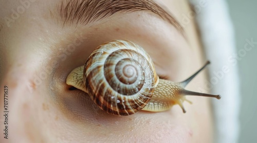 Cosmetological procedure. Beautiful young woman with a snail ahatin on her face in a beauty salon close up. photo