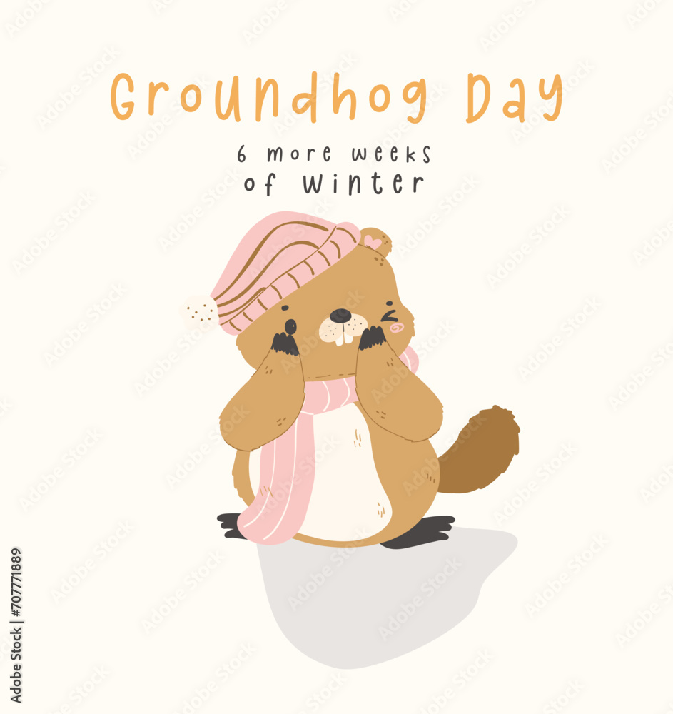 Happy groundhog day with cheerful cartoon groundhog see its shadow, 6 more weeks of winter.