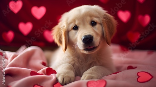 A charming golden retriever puppy is lying on the bed on a pink blanket with little hearts. Valentines Day greeting card with a dog