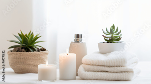 A flat lay of a luxurious spa day setting with scented candles a plush towel a face mask essential oils and a small succulent on a serene white surface.