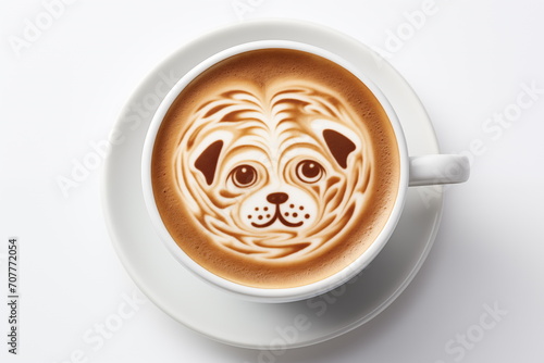 Top view of latte with dog latte art foam, cappuccino art, isolated on white background, Generated AI