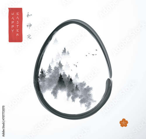 Easter greeting card in japanese sumi-e style with flock of birds flying over the forest in easter egg on white background. Hieroglyphs - harmony, spirit, perfection.
