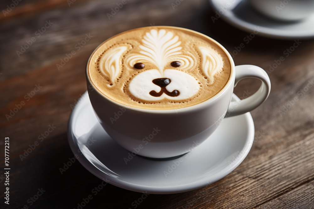 Top view of latte with dog latte art foam, cappuccino art, wood table background, Generated AI Top view of latte with dog latte art foam, cappuccino art, wood table background, Generated AI