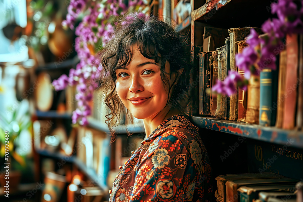 Portrait of a young contented woman smiling next to a shelf of antique books