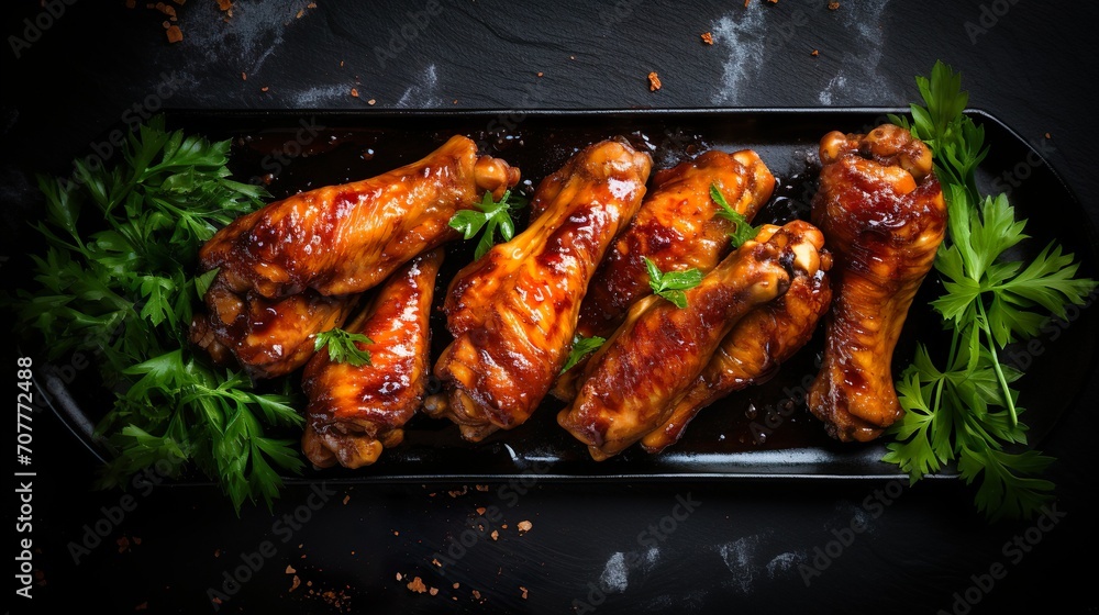 A platter of perfectly grilled chicken wings with spicy sauce. Serving fancy food in a restaurant. Top view.