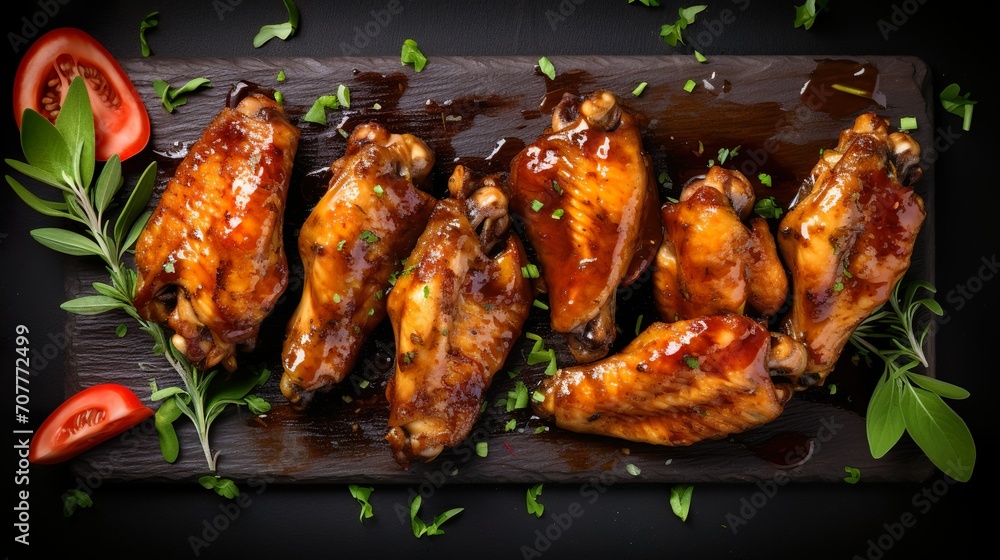 Top view of freshly grilled chicken wings with spicy sauce and herbs a on wooden board. Serving fancy food in a restaurant.