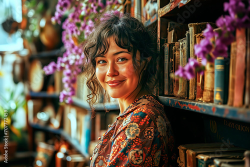 Portrait of a young contented woman smiling next to a shelf of antique books