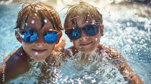 Two young boys wearing sunglasses swimming in the pool or in a sea, summer holiday in water