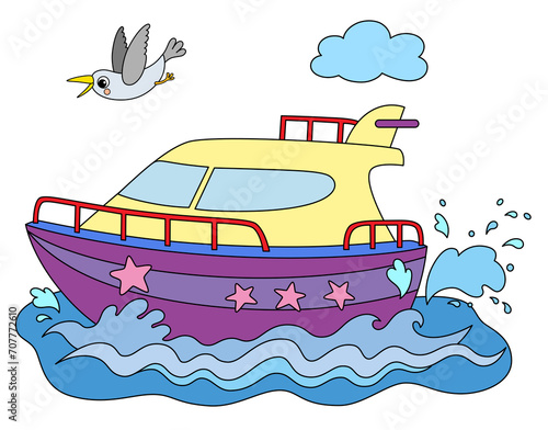 Cartoon boat in the sea with seagull above him