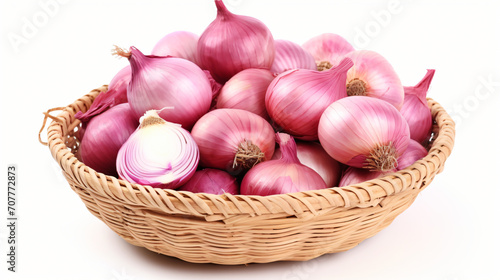 Straw basket of red onion isolated on white background