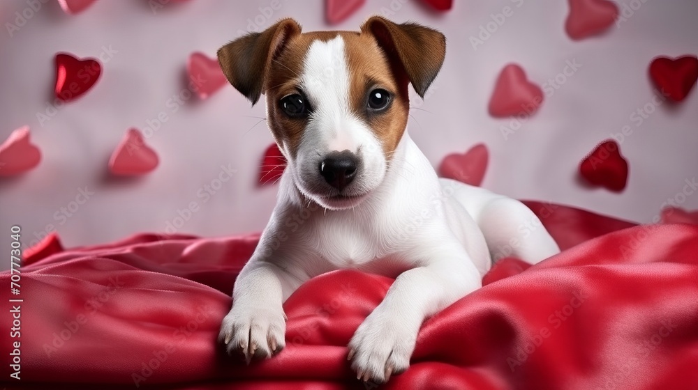 Charming cute Jack Russell Terrier puppy is lying on bed with red and pink hearts and resting. Valentines Day greeting card with a dog.