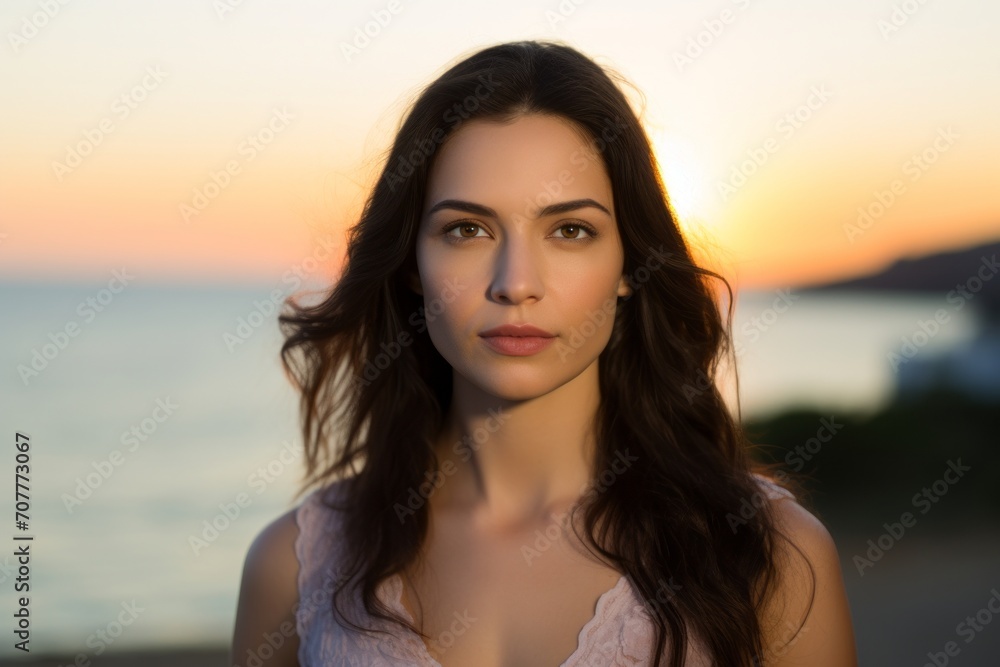 Portrait of a beautiful young brunette woman on the beach at sunset