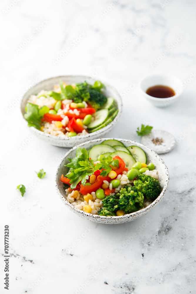 Healthy rice bowl with kale and corn Healthy rice bowl with kale and corn